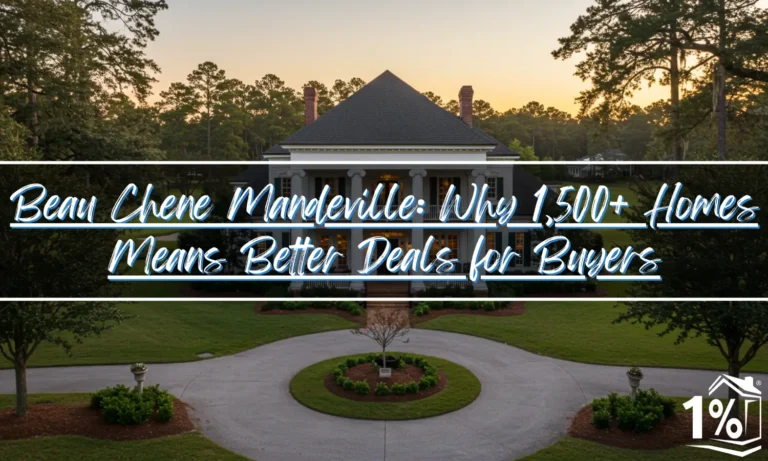 Elegant Southern mansion with white columns and circular driveway in Beau Chene Mandeville, Louisiana, featuring manicured landscaping and mature oak trees at golden hour