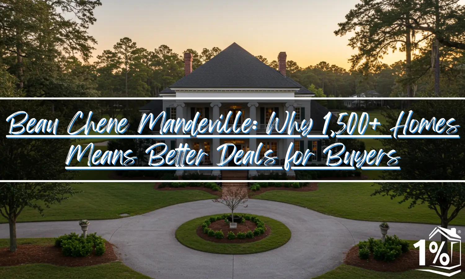 Elegant Southern mansion with white columns and circular driveway in Beau Chene Mandeville, Louisiana, featuring manicured landscaping and mature oak trees at golden hour