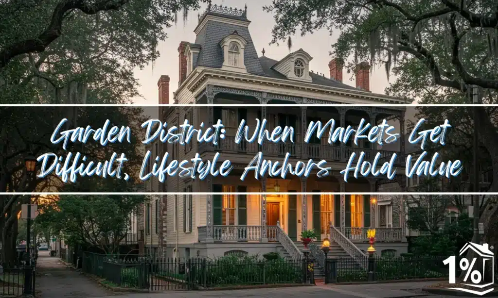 Historic Victorian mansion with ornate ironwork balconies and multiple chimneys in New Orleans Garden District, surrounded by oak trees with Spanish moss
