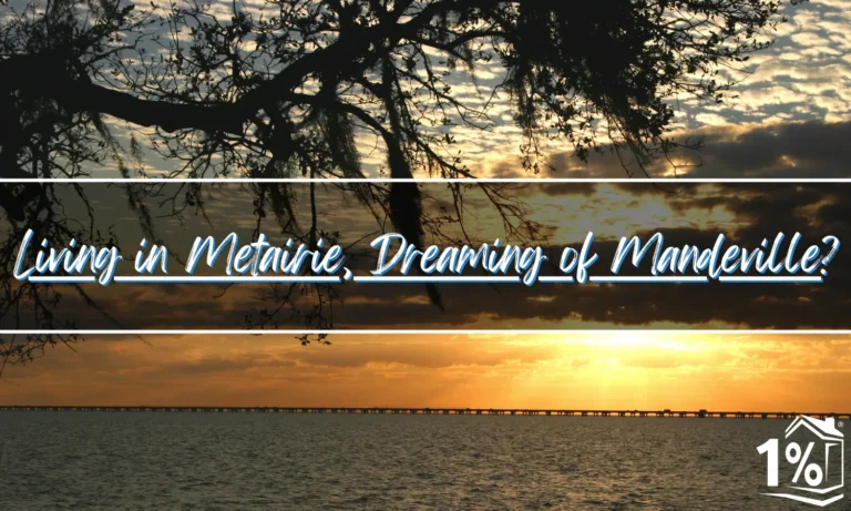 Sunset view across Lake Pontchartrain from Mandeville showing the Causeway Bridge, representing the scenic Northshore lifestyle families dream of when considering a move from Metairie