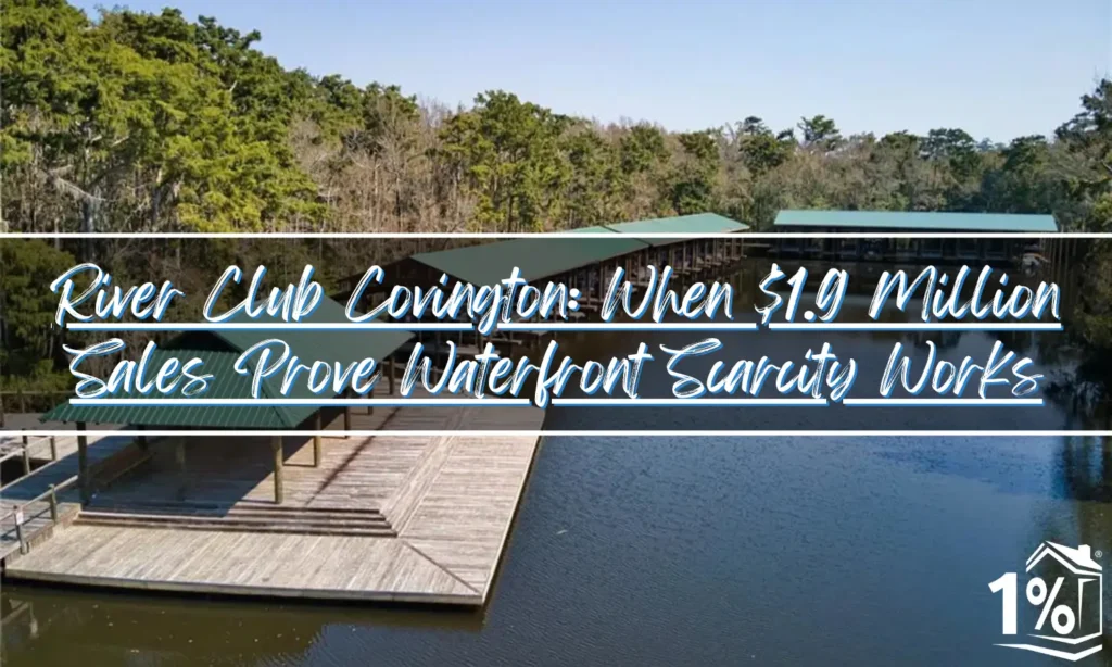 River Club Covington blog post header image featuring wooden dock extending over calm water with covered boat slips and lush green trees in background. Overlaid text reads 'River Club Covington: When $1.9 Million Sales Prove Waterfront Scarcity Works' with 1 Percent Lists logo. Waterfront setting emphasizes River Club's oxbow location and private marina amenities value proposition.