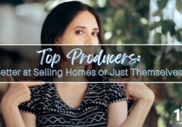 Featured image showing a woman with an overlay of the blog title 'Top Producers: Better at Selling Homes or Just Themselves?' The 1 Percent Lists logo appears in the bottom right corner. The image suggests contemplation about real estate agent choices.