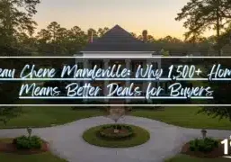 Elegant Southern mansion with white columns and circular driveway in Beau Chene Mandeville, Louisiana, featuring manicured landscaping and mature oak trees at golden hour
