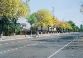 Clean, sun-drenched street in a modern suburban neighborhood with attractive homes, representing a thriving community and ...