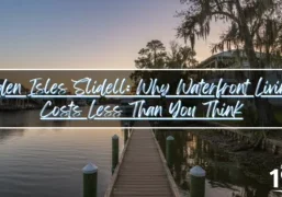 Private wooden boat dock extending into calm canal waters in Eden Isles Slidell, with waterfront home and Spanish moss trees at sunset