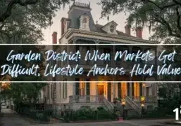 Historic Victorian mansion with ornate ironwork balconies and multiple chimneys in New Orleans Garden District, surrounded by oak trees with Spanish moss