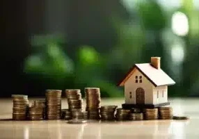 Model house with coin money saving money or loan for business investment real estate 1766998478930