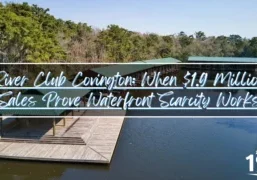 River Club Covington blog post header image featuring wooden dock extending over calm water with covered boat slips and lush green trees in background. Overlaid text reads 'River Club Covington: When $1.9 Million Sales Prove Waterfront Scarcity Works' with 1 Percent Lists logo. Waterfront setting emphasizes River Club's oxbow location and private marina amenities value proposition.