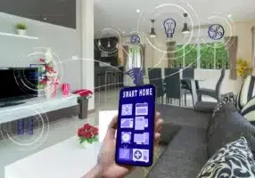 Smart-home-and-augmented-reality-technology-concept--hand-holding-smart-phone-presenting-the-smart-home-control-screen-and...
